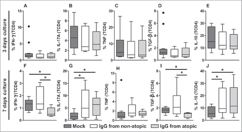 Figure 3. Effect of purified IgG on cytokine production by intra-thymic TCD4 cells. Thymocytes from children less than 7 d old (n = 14) were evaluated after 3 (A-E) or 7 d (F-J) in culture in RPMI medium supplemented with FBS in the absence (mock) or presence of 100 µg/mL IgG purified from atopic or non-atopic individuals. At each time point, the frequencies of cells displaying intracellular IFN-γ, IL-17A, TNF, TGF-β and IL-10 production were evaluated by flow cytometry. The results are illustrated by box and whiskers graphs with 25th percentiles, and the Tukey method was used to plot outliers; *p ≤ 0.05 between the indicated groups.