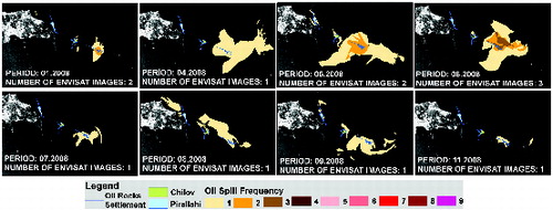 Figure 12. Map of monthly oil spill frequency around the Oil Rocks, Chilov and Pirallahi Islands during 2008.