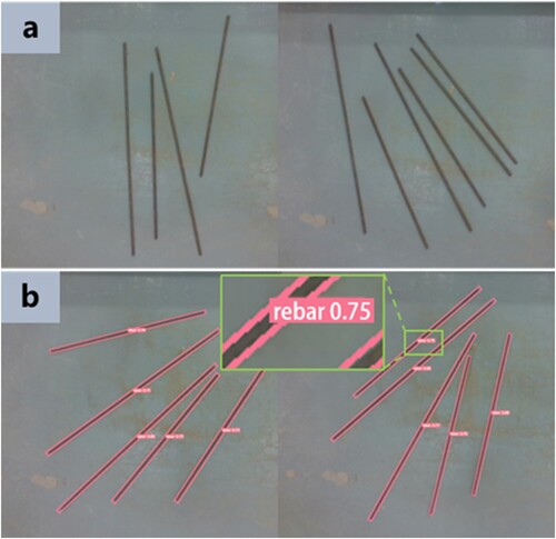 Figure 5. Detecting rebars with deep learning. (a) Rebars for the training dataset; (b) Rebar detection results.