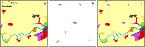 Figure 3. Including the CORINE Land Cover change polygons (a. previous state, b. update data, and c. result; the same layout applies to Figures 4–6 and 8–11). Legend is provided in Figure 2(a).