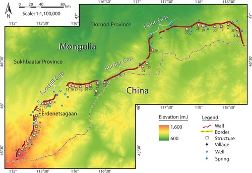 Figure 2. Map of the Mongolian Arc wall line marking the locations of structures and water sources along the wall line and highlighting three distinct gaps in the associated structures along the line.