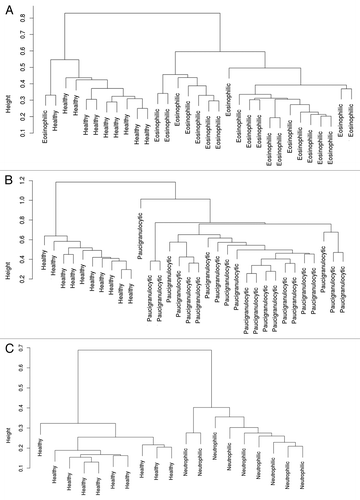 Figure 1. Clustering of subjects based on differentially methylated loci. (A) Clustering of 21 subjects with EA and the 10 healthy controls based on the differential methylation of 413 loci. (B) Clustering of 22 subjects with PGA and the 10 healthy controls based on the differential methylation of 495 loci. (C) Clustering of 9 subjects with NA and the 10 healthy controls based on the differential methylation of 89 loci.