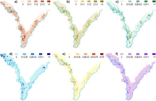 Figure 3. Density of mapped trees within a hexagon net (in trees per ha; regular hexagons with side length 300 m and area 23.4 ha), in trees per ha; (a) all species, (b) oaks (Quercus spp.), (c) narrow-leaved ash (F. angustifolia, (d) willows (Salix spp.), (e) Elm (Ulnus spp.) and (f) Poplars (Populus spp.).