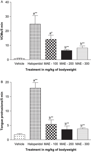 Figure 1.  Effect of coadministration of Morus alba leaf extract (MAE) on chronic haloperidol-induced (a) vacuous chewing movements (VCMs) and (b) tongue protrusions. Each column represents mean ± SEM (n = 5). aCompared with vehicle-treated group; bcompared with haloperidol-treated group; *p < 0.05; **p < 0.01 (one-way ANOVA followed by Dunnett’s test).