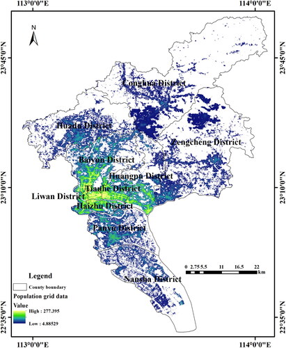 Figure 1. Results of the population grid distribution in the study area (0.1 km*0.1 km).