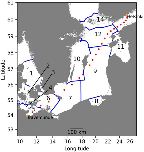 Figure 3.2.1. Map of the Baltic Sea (excluding northern sea areas) and the shipping route of Finnmaid used for the transect (product ref. 3.2.1). Red points mark the centres of the zones into which sampling locations were pooled. Numbers refer to sub-basins of the Baltic Sea, which are separated by blue lines. 1: Kattegat, 2: Great Belt, 3: The Sound, 4: Kiel Bay, 5: Bay of Mecklenburg, 6: Arkona Basin, 7: Bornholm Basin, 8: Gdansk Basin, 9: Eastern Gotland Basin, 10: Western Gotland Basin, 11: Gulf of Riga, 12: Northern Baltic Proper, 13: Gulf of Finland, 14: Åland Sea.