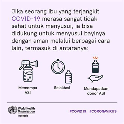 Figure 5 The ways to breastfeed if woman with Covid-19 is too unwell. If a woman with Covid-19 is too unwell to breastfeed, she can be supported to safely provide her baby with breast milk in other ways, including by 1) Expressing milk. 2) Relactation, and 3) Donor human milk.