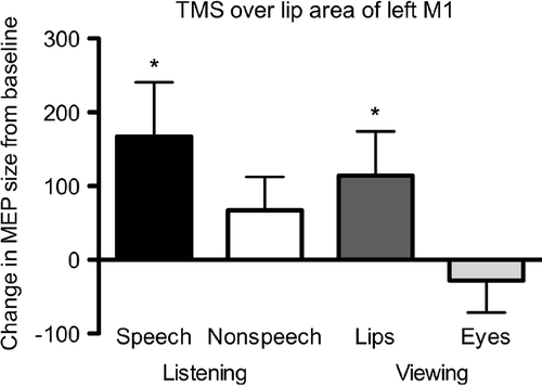 Figure 1. MEP sizes elicited in the contralateral orbicularis oris muscle by single-pulse TMS over the lip representation of left M1. Bars show the mean (+ standard error; SEM) change in MEP size (mV.ms) from a baseline condition (in which participants viewed visual noise and listened to white noise) while participants (n = 13) were listening to speech (Speech, mean = 167.65, SEM = 70.62) or environmental sounds (Nonspeech, mean = 67.10, SEM = 43.86), or viewing speech-related lip movements (Lips, mean = 114.33, SEM = 57.82) or eye and brow movements (Eyes, mean = –28.14, SEM = 41.86). MEP sizes (area under the curve of the rectified electromyographic recording) were adjusted for background contraction of the lip muscle using analysis of covariance (for details see Watkins et al., Citation2003). A paired t-test was used to compare MEP areas in each of these conditions with those in the baseline. The MEPs for the Speech and Lips conditions were significantly increased relative to the baseline condition (*p < .05).