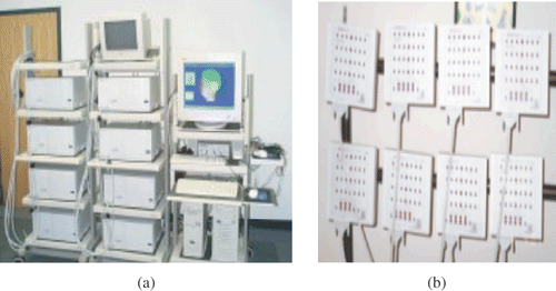 Figure 1. ESI-256 system components: (a) ESI-256 system (eight SynAmp amplifiers, host computer, and display monitor), (b) eight head boxes (pre-amplifiers).