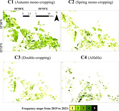 Figure 9. Frequency maps of target classes from 2019 to 2023 derived from the proposed methodology. Each map displays the number of times that various locations within the study area being classified as the target classes over a span of five years (2019-2023).