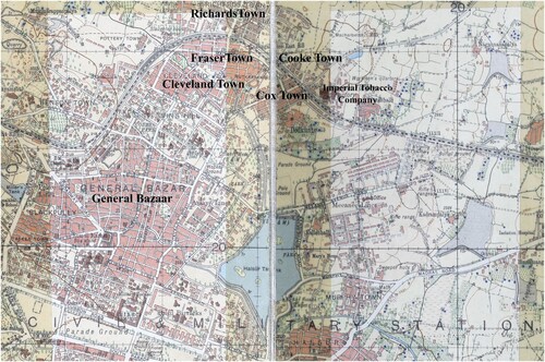 Figure 9. Fraser town near later planned developments of Richards Town and Cooke Town in relation to the General Bazaar. Bangalore Guide Map 1935-36. Map Courtesy: The Mythic Society Bangalore. Photo: Authors Own.