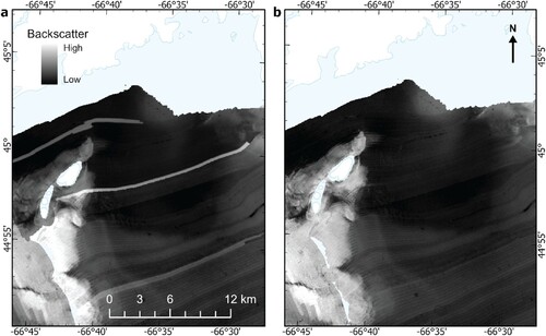Figure 3. Line artefacts present in the CCGS Frederick G. Creed (a) were corrected using a modified bulk shift approach to produce a corrected mosaic (b).