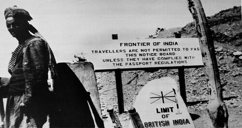 Figure 2. A sentry of the Khyber Rifles stands guard on the frontier between British India and Afghanistan, 1946, National army museum number NAM number: 1973-10-40-6, Image number: 93781, (Photograph by Major A G Harfield, Khyber Rifles).Footnote3