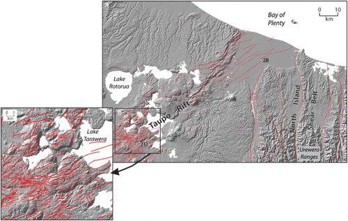 Figure 4. Examples of mapping closely spaced faults in the Bay of Plenty region in the NZAFD250. A, Faults in the North Island Shear Belt are broadly spaced compared to the Taupo Rift. B, Faults to the southwest of Lake Tarawera (inset) are very closely spaced but were able to be mapped at a detail that is consistent with a scale of 1:250,000. Locations of photo images in Figure 2 are identified by white stars.