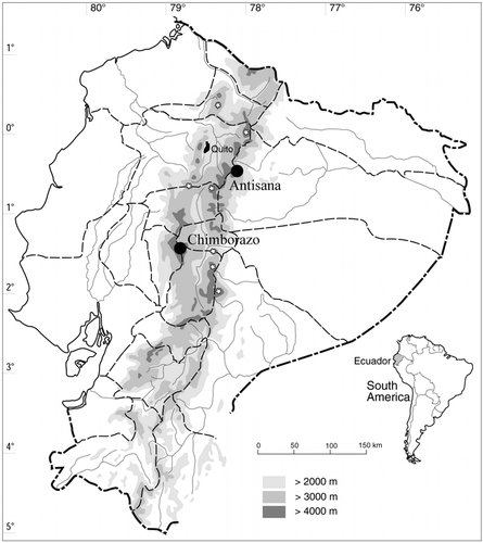 FIGURE 3. Map of Ecuador showing study sites; white stars indicate ice-capped volcanoes.