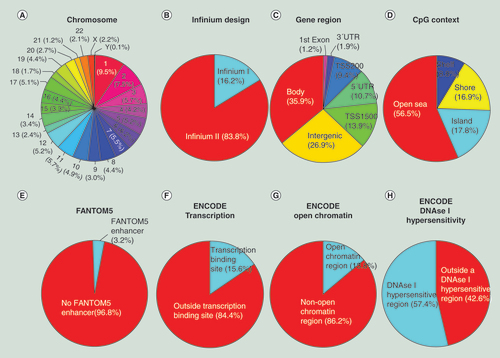 Figure 3. Genomic and functional context of the 853,307 CpG sites in the MethylationEPIC BeadChip microarray (850K). (A) Chromosome location; (B) Infinium design chemistry (Infinium I, II); (C) UCSC gene region feature category (TSS200, TSS1500, 5′UTR, 1st Exon, Body, 3′UTR); (D) location of the CpG relative to the CpG island (open sea, island, shore, shelf); (E) FANTOM5 associated enhancer regions; (F) ENCODE project annotation for transcription binding site; (G) open chromatin and (H) DNase I hypersensitive regions.