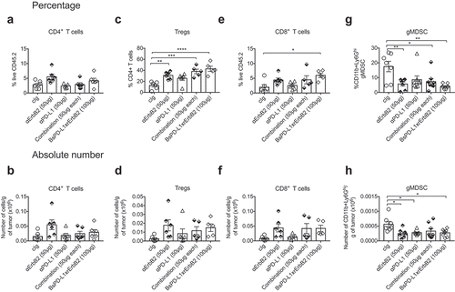 Figure 6. Increased CD8+ T cells in the tumor after BsPD-L1xrErbB2 bispecific antibody therapy. TUBO tumor-bearing mice were treated with two doses of cIg, anti-ErbB2 (7.16.4, 50μg), anti-PD-L1 (MPDL3280A, 50μg), the combination of anti-PD-L1 and anti-ErbB2 (called combination) or the BsPD-L1xrErbB2 at day 15 and 18, and 72 h after the last treatment tumors were resected and analyzed for the presence of TILs via flow cytometry. Percentage (a, c, e, g) and absolute number (b, d, f, h) of CD4+ T cells, CD4+FoxP3+ regulatory T cells (Tregs), CD8+ T cells and CD11b+Ly6Ghi granulocytic MDSC is shown. Data from individual mice are depicted by symbols in bar graphs. Results are expressed in mean ± SEM. Statistical analysis was performed using one-way ANOVA Turkey’s multiple comparisons test; *, P < .05; **, P < 0.005; ***, P < 0.0005; ****, P < 0.0001 with n = 5–7 mice per group.