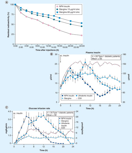 Figure 2. Bioavailability and bioactivity of basal insulins.(A) Residual radioactivity at the injection site after injection of NPH insulin or glargine. (B) Plasma (free) concentrations and (C) glucose infusion rates after sc. injection of ultralente insulin, NPH insulin, glargine and CSII.CSII: Continuous subcutaneous insulin infusion; NPH: Neutral protamine Hagedorn; sc.: Subcutaneous; SE: Standard error.Panel (A) is reprinted with permission from Citation[8]. © 2000 American Diabetes Association.Panels (B) and (C) are reprinted with permission from Citation[4]. © 2000 American Diabetes Association.