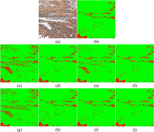 Figure 23. Tibet (a) True Color image, (b) Manual reference mask, generated cloud mask by: (c) RF with traditional texture features (d) RF with deep features (e) XGBoost with traditional texture features (f) XGBoost with deep features, (g) SVM with traditional texture features, and (h) SVM with deep features, (i) Resnet, and (j) CD-FM3SF-4.