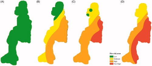 Figure 5. Forest fire risk area in high emission scenario A) current B) Near C) Mid D) End term.