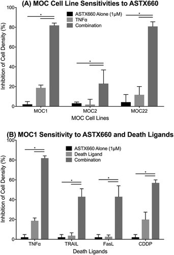 Figure 1. ASTX660 enhances MOC cell death with death ligands. (A) MOC1, MOC2, and MOC22 cells were treated with ASTX660 (1µM), TNFα (20 ng/mL), or the combination, then assessed following 72 hours by XTT assay. (B) MOC1 cells were treated with ASTX660 (1 µM), death ligands TNFα, TRAIL, or FasL (20 ng/mL each), or CDDP (200 ng/mL) alone or in combination. Data are mean + SEM, * p < 0.05.