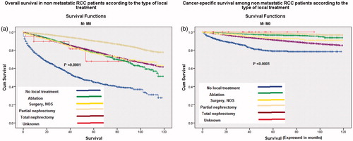 Figure 3. Kaplan–Meier curve of: (a) overall survival and (b) cancer-specific survival according to the type of local treatment of non-metastatic patients.