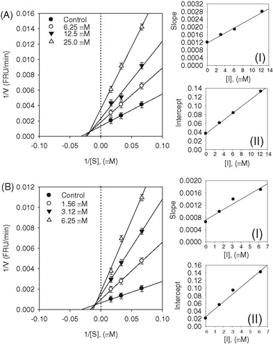 Figure 3. (A–B) Kinetic assays of SARS-CoV PLpro inhibition by isobavachalcone (3) and psoralidin (5). Lineweaver–Burk plots were constructed for the inhibition of SARS-CoV PLpro by compounds (3 and 5). The plot is expressed as 1/velocity versus 1/PLpro (nM−1) with or without inhibitor. Insets (I) and (II) represent the secondary plot of the slope and the intercept of the straight lines versus concentration of compounds (3 and 5), respectively.