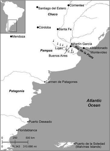Map 1. Settlements and Sites of Penal Deportation. Administrators in colonial settlements (dots) banished purported criminals to numerous destinations (stars) throughout the region. Presidios along Buenos Aires’s southern borderland (squares with flags) and elsewhere were simultaneously sites of deportation and where Indigenous captives were routed into penal systems.