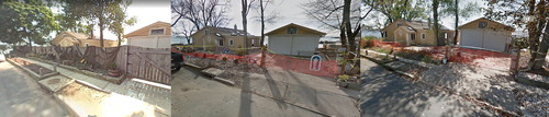 Figure 9. Comparison of one of the buildings in the study area utilising Google Street View, from left to right: September 2007, January 2013, September 2013. The far left image is prior to Hurricane Sandy, while the middle image is 2–3 months after the hurricane and shows extensive damage to the sidewalk and fence. The image on the right is roughly a year after the hurricane and the damage to the fence was still present. Source: Google, 2018.