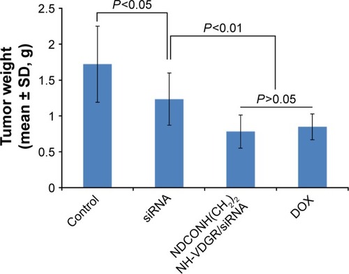 Figure 19 Tumor weights of the normal control (NS), survivin-siRNA group, NDCONH(CH2)2NH-VDGR/survivin-siRNA group, and DOX group (n=10).Abbreviations: siRNA, small interfering RNA; DOX, doxorubicin; SD, standard deviation.