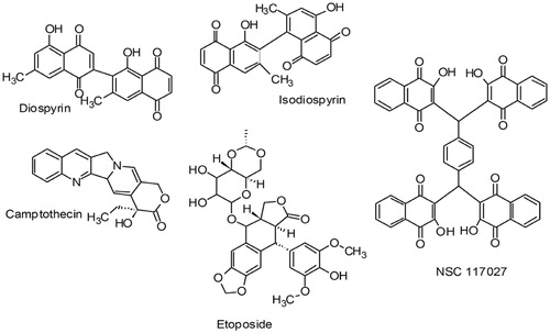 Figure 1. Chemical structures of diospyrin, isodiospyrin, camptothecin, etoposide and NSC 117027.