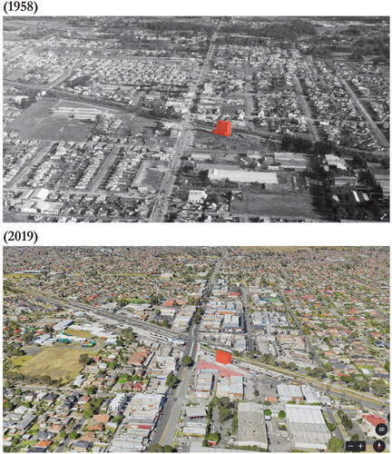 Figure 1. Aerial view of Springvale, October 3, 1958. Photograph by Jim Payens. Payens Collection, Museums Victoria (item MM 137213). Aerial view of Springvale, 2019, Google Maps.