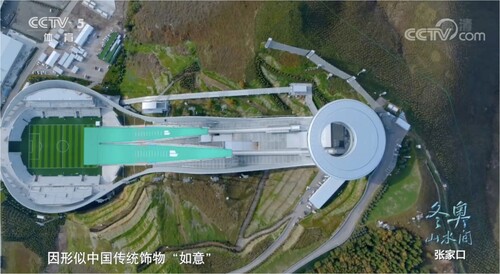 Figure 12. “Snow Ruyi,” the National Ski Jumping Centre (2022). Source: https://2022.cctv.com/2022/01/18/VIDENHYopjgqTumXVuoUmVrN220118.shtml?spm=C67245673465.P7DLnZmkcxGg.0.0 (accessed on 21 January 2022).