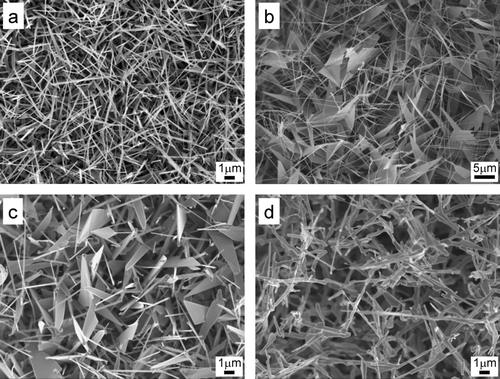 FIG. 4 FE-SEM images of ZnO nanostructures at oxygen flow rates of (a) 0, (b) 2, (c) 10, and (d) 90 sccm and at the furnace temperature of 1000°C.
