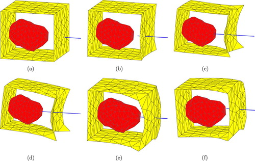 Figure 7. The tissue mesh prior to deformation (a), and while the needle is inserted (b, c), moved upwards (d), and retracted (e, f).