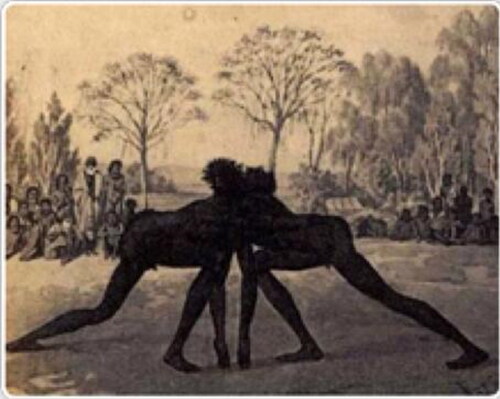 Figure 4. Aboriginal wrestling by William Blandowski, 1850s. Source: Blandowski and Harry (Citation2010, p. 95)