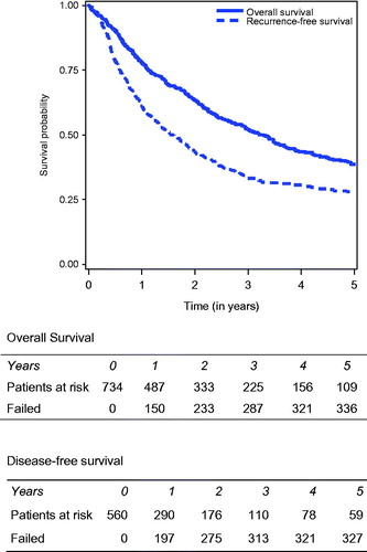 Figure 3. Overall and disease-free survival after cytoreductive surgery and HIPEC for rare indications.