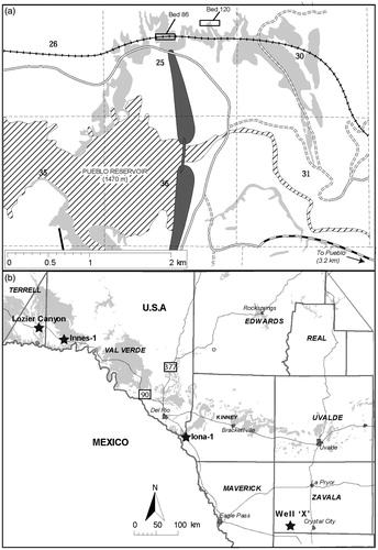Figure 2. Sketch maps of locations. (a) The area around the Pueblo Reservoir (based on Scott Citation1964), including the Global Stratotype Standard Section on the north side of the reservoir, and the points for the base of the Turonian Stage, Bed 86, and the proposed Middle Turonian Substage, Bed 120 (Kennedy et al. Citation2000, Citation2005). Grey shading shows outcrop of Greenhorn Limestone Formation. (b) SW Texas map showing outcrop and core locations (black stars): Lozier Canyon outcrop (29°53.37’N, 101°48.22’W); Innes-1 core (29°49.51’N, 101°37.34’W); Iona-1 core (29°13.51’N, 100°44.49’W); Well ‘X’ core. Grey shading shows outcrop of Eagle Ford Group (from Eldrett et al. Citation2017).