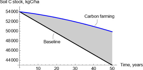 Figure 1. Example of the potential evolution of the soil C stock in a baseline scenario and with a carbon farming practice. The additional benefit from carbon farming is represented by the shaded area between the baseline and the carbon farming curves.