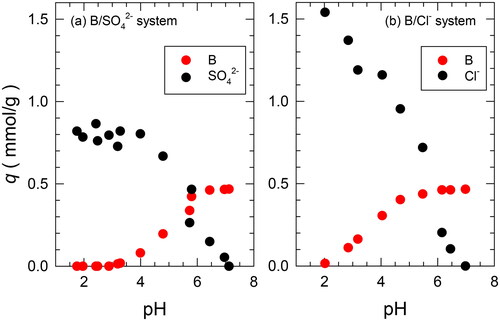 Figure 5. Effect of pH on the adsorption of B and SO42− or Cl− in (a) the B/SO42− system and (b) the B/Cl− system. (a) [B]feed = 1 mmol/L and [SO42−]feed = 15 mmol/L, and (b) [B]feed = 1 mmol/L and [Cl−]feed = 15 mmol/L.