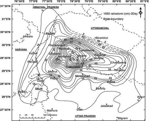 Fig. 8 Two-day isohyetal pattern of the 17–18 September 1880 rainstorm over northwest Uttar Pradesh.