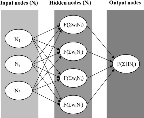 Representative schematic of an artificial neural network. The arrows represent a feed-forward process of transforming input data, such as remote sensing imagery, to an output space (e.g. bamboo existence/absence). Networks are trained through a priori knowledge of output and input relations (ground data and corresponding remote sensing pixel values) and a reiterative back-propagation of training errors to update the hidden layer weights.