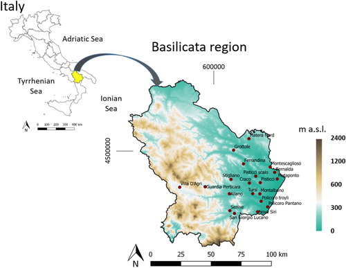 Figure 1. Digital elevation model (DEM) of the Basilicata region provided by the Basin Authority (projected to UTM zone 33N at reference datum WGS84). The locations of the meteorological stations are reported on the DEM. Source: (http://rsdi.regione.basilicata.it/Catalogo/srv/ita/search?hl=ita#|r_basili:28FFB196-1EAA-49B4-769D-78C030B75042)