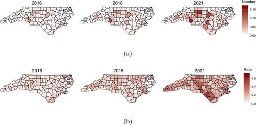 Fig. 1 (a) Count of illicit opioid overdose deaths (in thousands); (b) Rate of illicit opioid overdose deaths per thousand residents calculated by (overdose deaths/population)×1000.