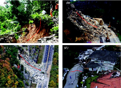 Figure 1. Forms of landslides (a), rock and debris fall (b) and (c) and land creeping (d). These are due to soil saturation by rainfall and wrong slope artificial designs at highly fractured mountainous areas of Malaysia.