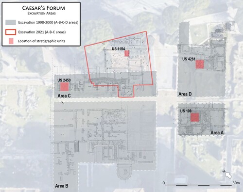 Figure 5. Map with context locations indicated. Map: Sovrintendenza Capitolina—The Caesar’s Forum Project.