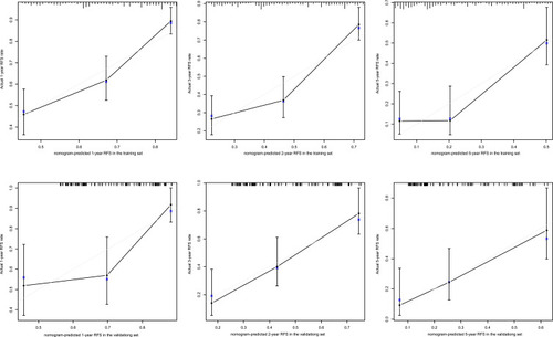 Figure 2 Calibration plots for predicting 1-, 2- and 5-year recurrence-free survival in the training and test sets. X-axis: bootstrap-predicted survival; y-axis: actual outcome.