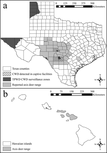 Figure 1. Reported county-level distribution of free-ranging axis deer (Axis axis) in Texas (a) and islands where free-range axis deer occur in Hawaii (b). The Texas map includes locations of the chronic wasting disease (CWD) surveillance zones established by Texas Parks and Wildlife Department (TPWD) in response to CWD having been detected in free-ranging and captive cervids