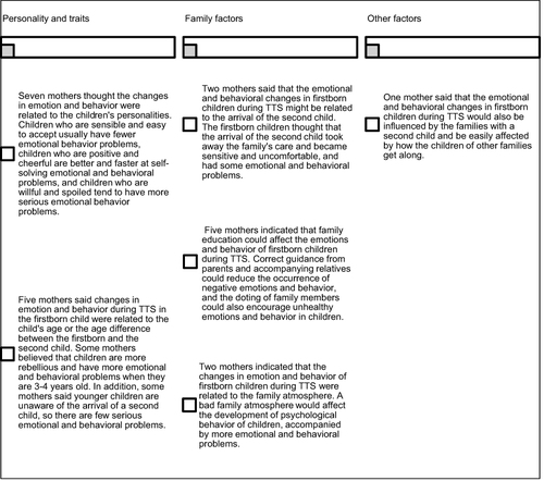 Figure 6 Factors influencing emotional and behavioral changes of firstborn children during TTS by mother’s description.