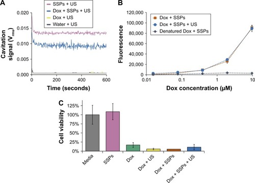 Figure 1 Impact of cavitation on the fluorescence and cytotoxicity of Dox.Notes: (A) Cavitation response of SSPs, Dox or a mixture of the solutions in the CTR upon exposure to ultrasound for 10 minutes. “Cavitation signal” is the root mean square (in Volts). (B) The fluorescence of a serial dilution of insonated Dox and SSPs in comparison with a positive control of non-ultrasound-treated Dox and a negative control of Dox denatured by heating and hydrogen peroxide exposure. (C) The viability of A549 cells after incubation with 4 μM Dox, or glucose and SSP samples diluted an equivalent amount measured using an MTS assay. Data represent the mean of N=3, and standard deviation is shown. ANOVA demonstrated no significant difference between any groups containing Dox.Abbreviations: ANOVA, analysis of variance; Dox, doxorubicin; SSPs, sonosensitive particles; CTR, cavitation test rig; US, ultrasound; MTS, [3-(4,5-dimethylthiazol-2-yl)-5-(3-carboxymethoxyphenyl)-2-(4-sulfophenyl)-2H-tetrazolium.